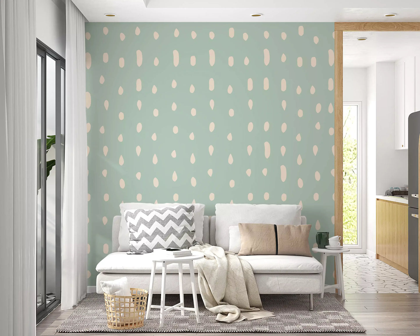 Mid Century Seed Dots Hellgrünes Salbeiwandtapete Wandbild