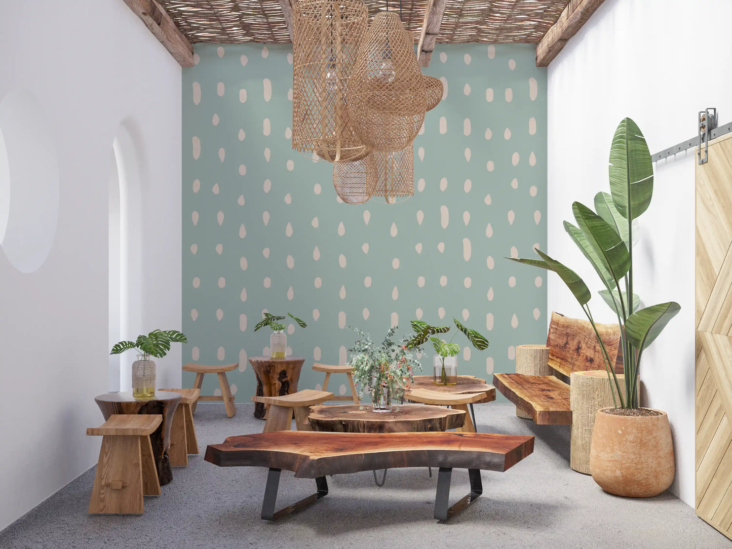 Mid Century Seed Dots Hellgrünes Salbeiwandtapete Wandbild