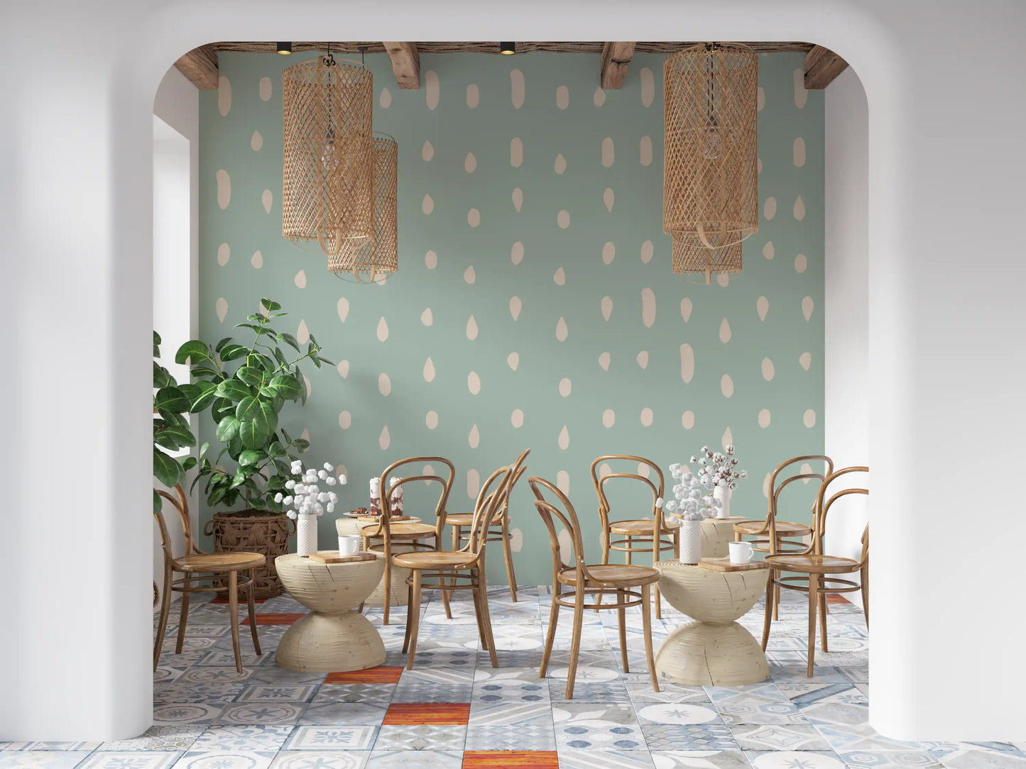 Mid Century Seed Dots Hellgrünes Salbeiwandtapete Wandbild