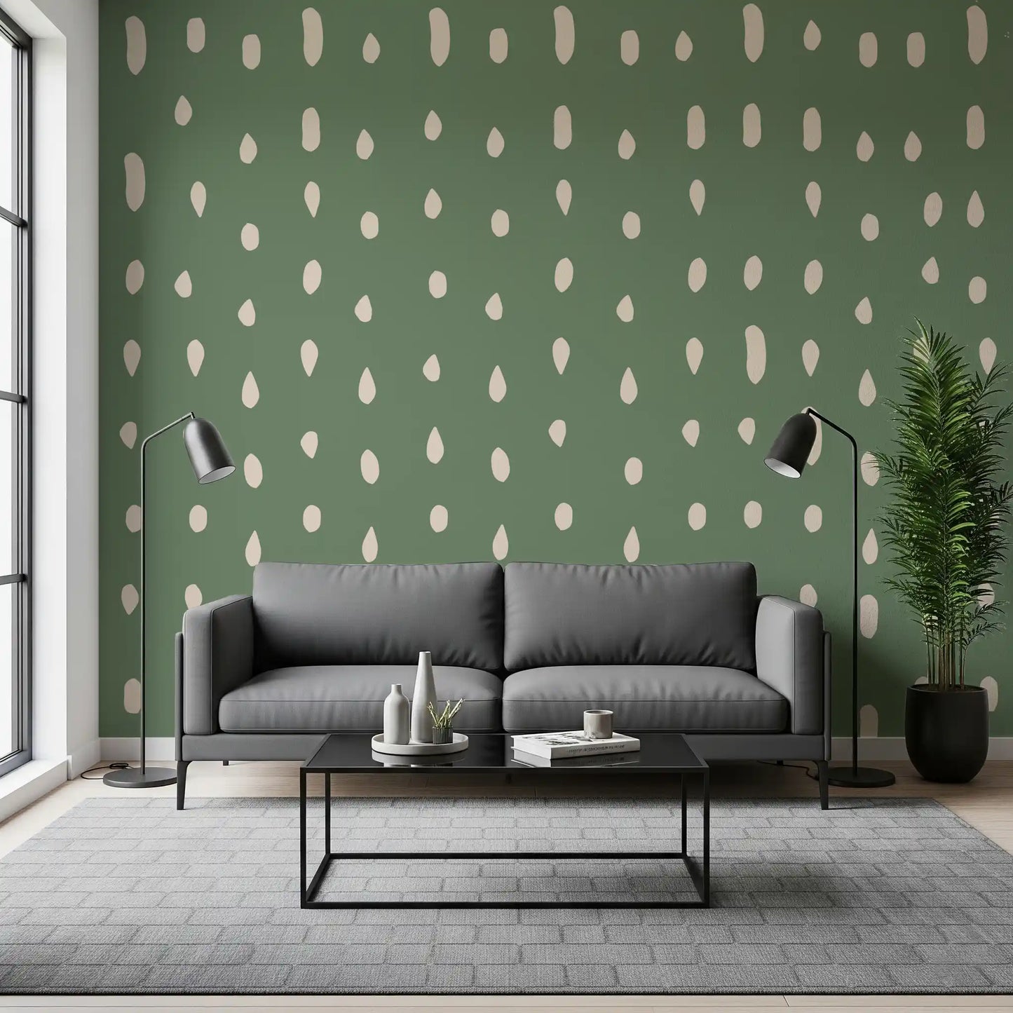 Mid Century Seed Dots Salviegrøn Tapet Vægmaleri