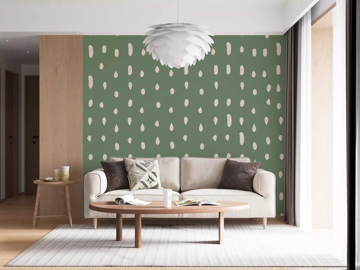 Mid Century Seed Dots Salviegrøn Tapet Vægmaleri