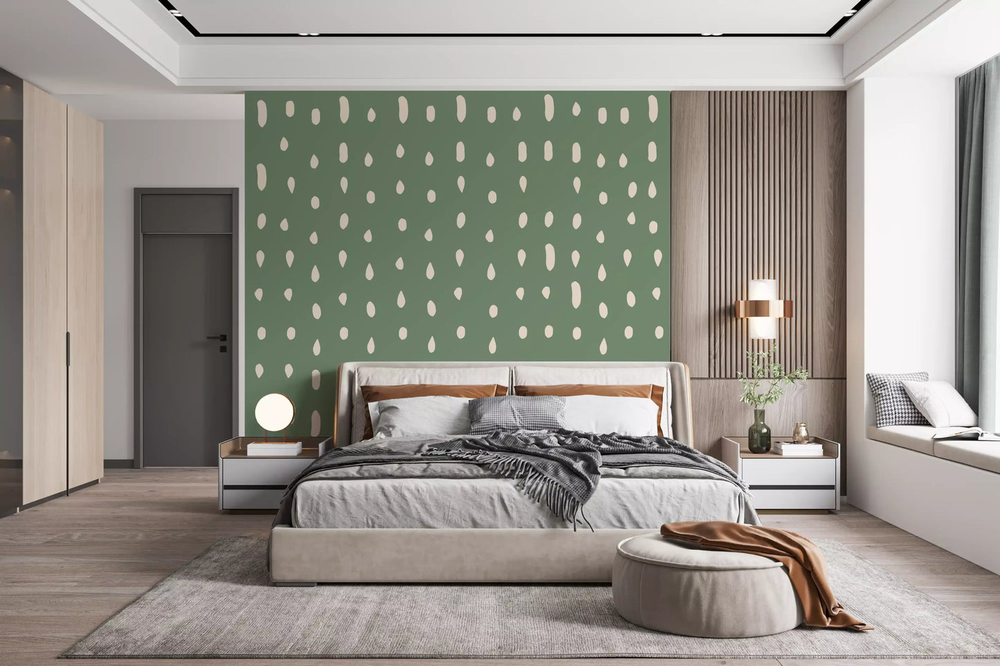 Mid Century Seed Dots Salviegrøn Tapet Vægmaleri