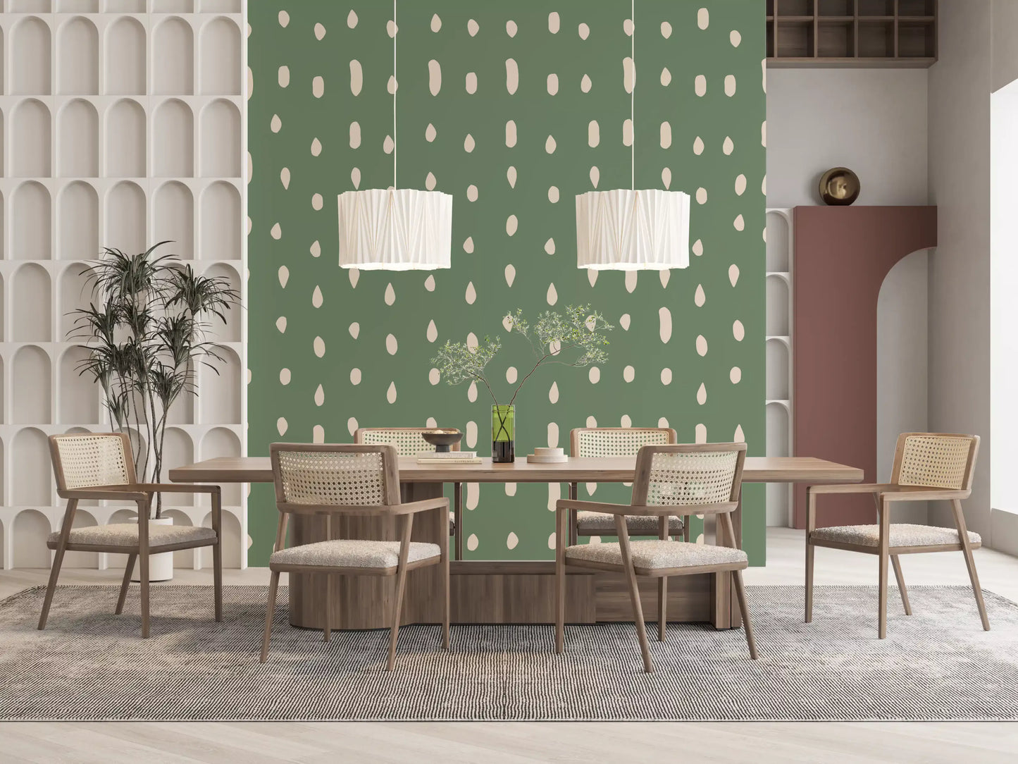 Mid Century Seed Dots Salviegrøn Tapet Vægmaleri
