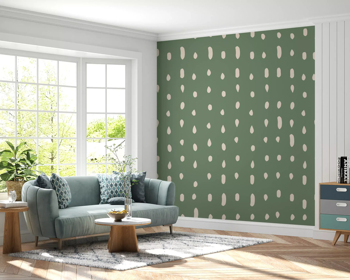 Mid Century Seed Dots Salviegrøn Tapet Vægmaleri