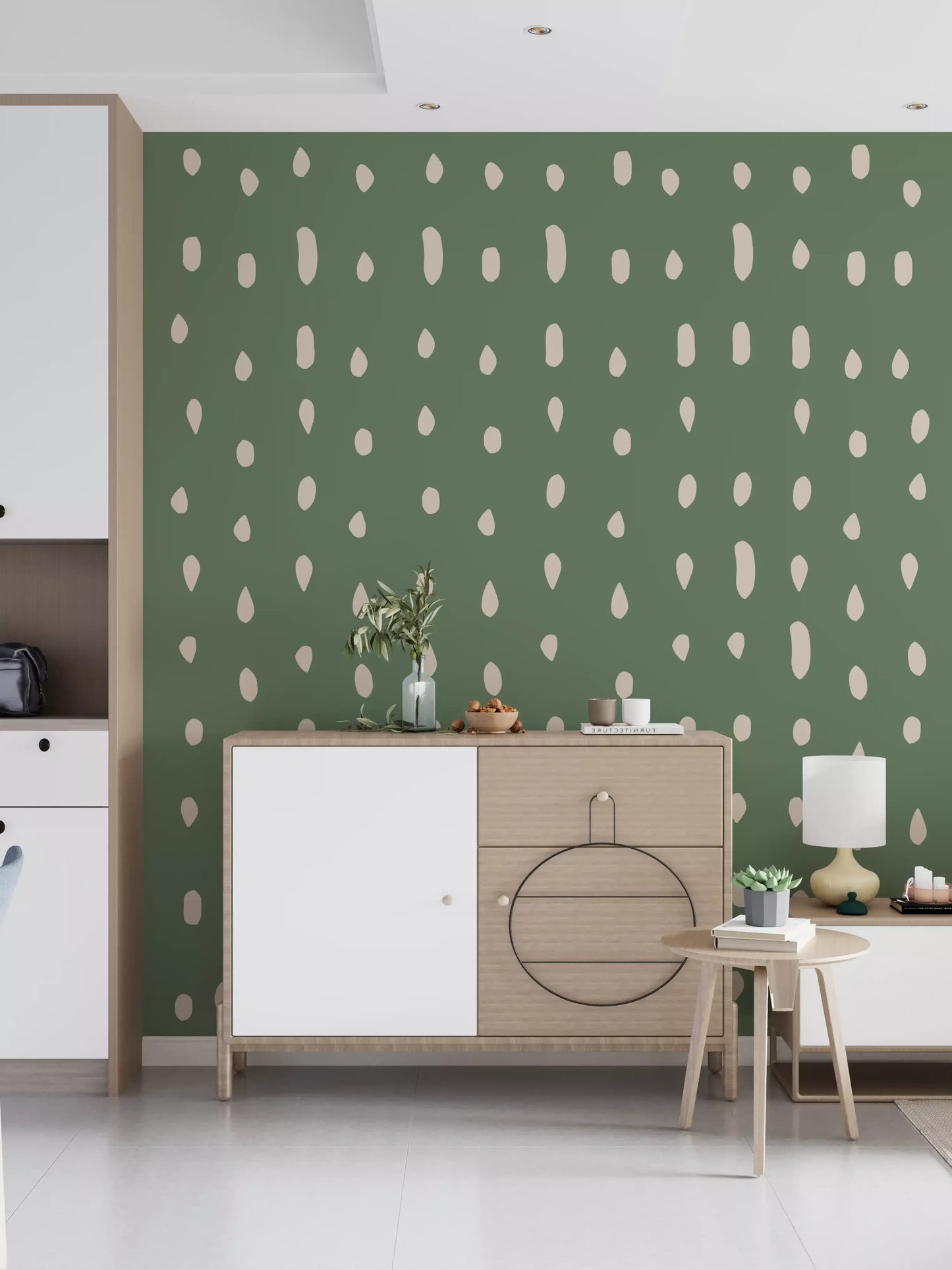Mid Century Seed Dots Salviegrøn Tapet Vægmaleri
