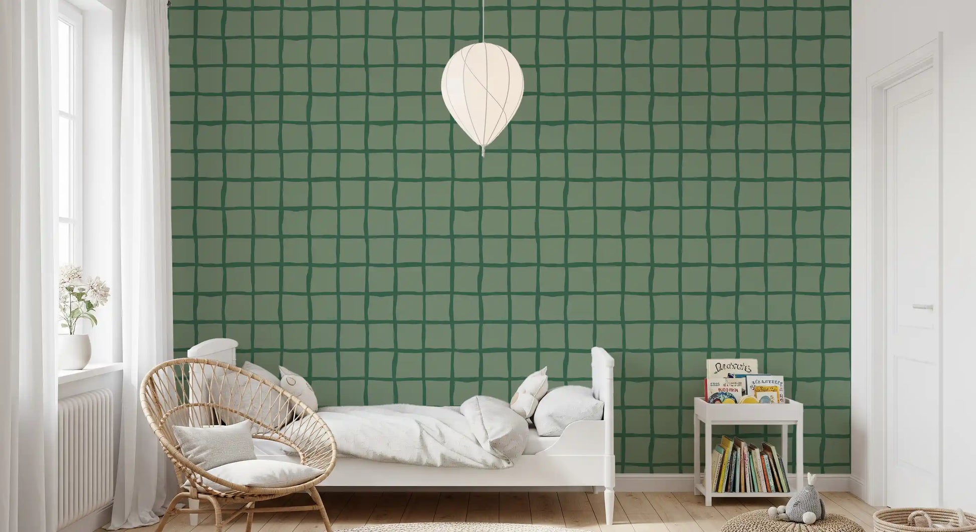 Kids' room dressed in playful green checks from this Wavy Grid wallpaper.