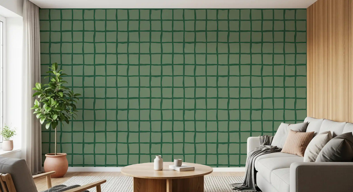 Paler sage fills each square inside Wavy Grid Olive Green wallpaper boundaries.