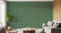 Paler sage fills each square inside Wavy Grid Olive Green wallpaper boundaries.