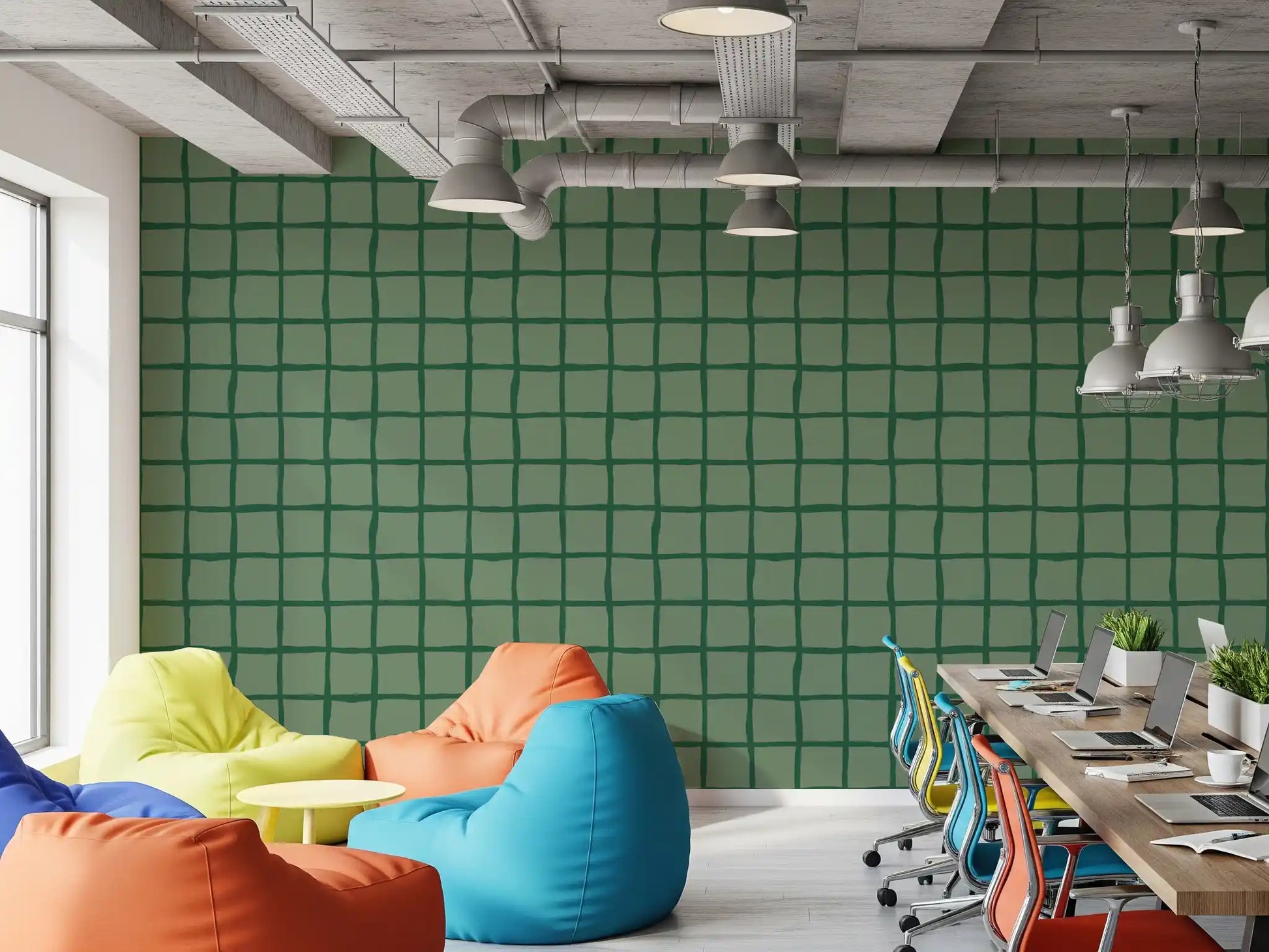 Wobbled square repeat sits across the Mid Century Wavy Grid wallpaper layout.
