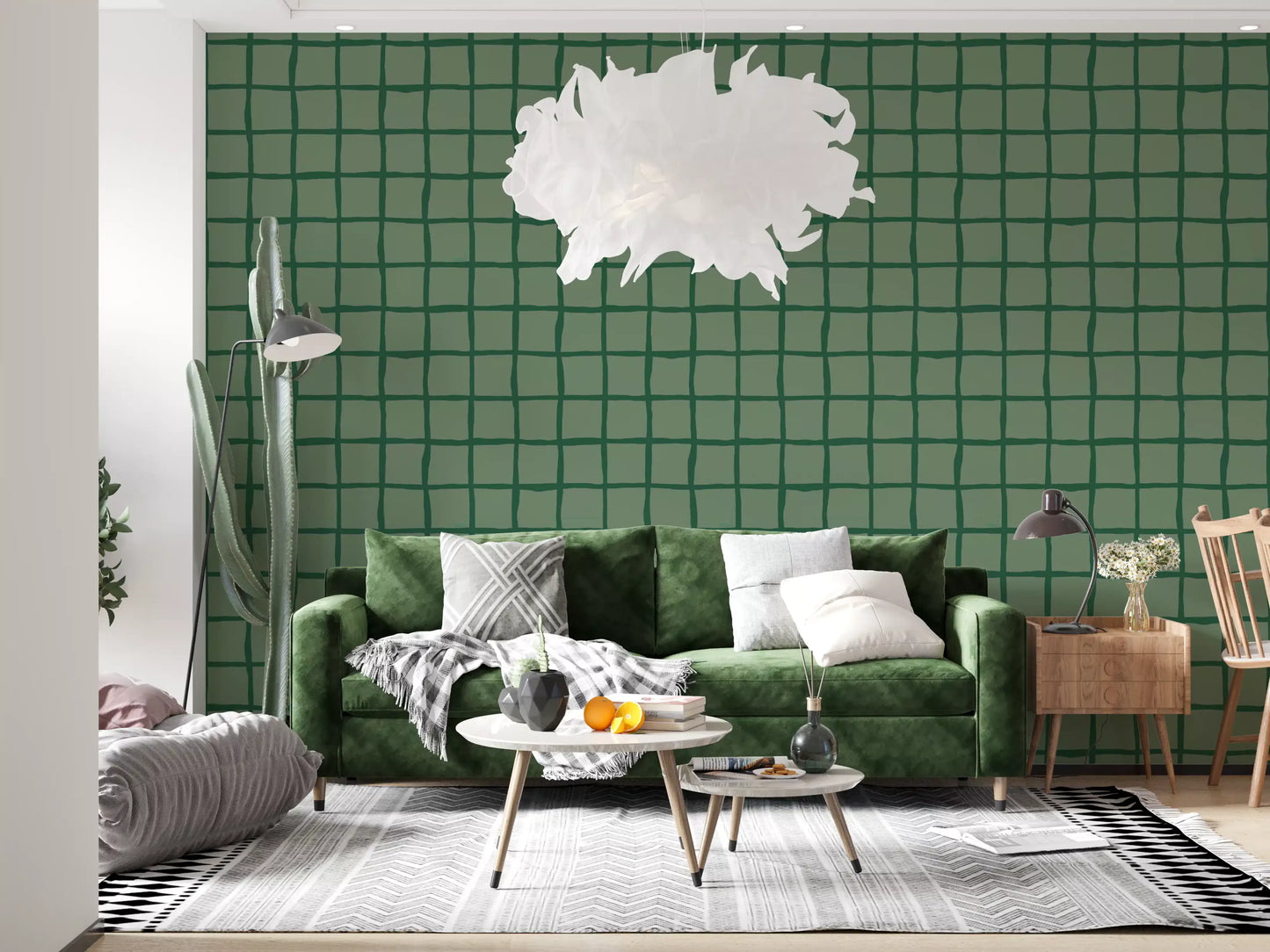 Quiet greens fill a hallway with the Mid Century Wavy Grid wallpaper.