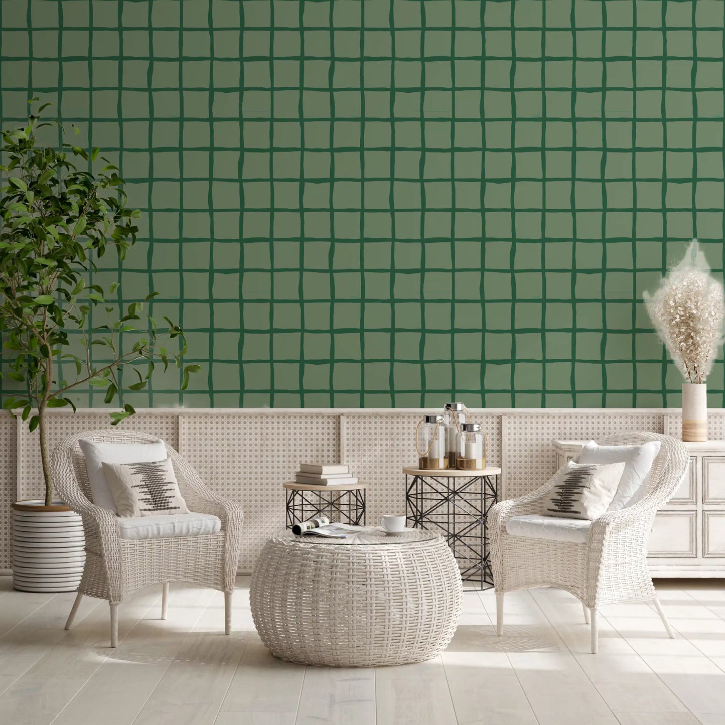 Deeper forest tone outlines the lattice on this Mid Century Grid wallpaper.
