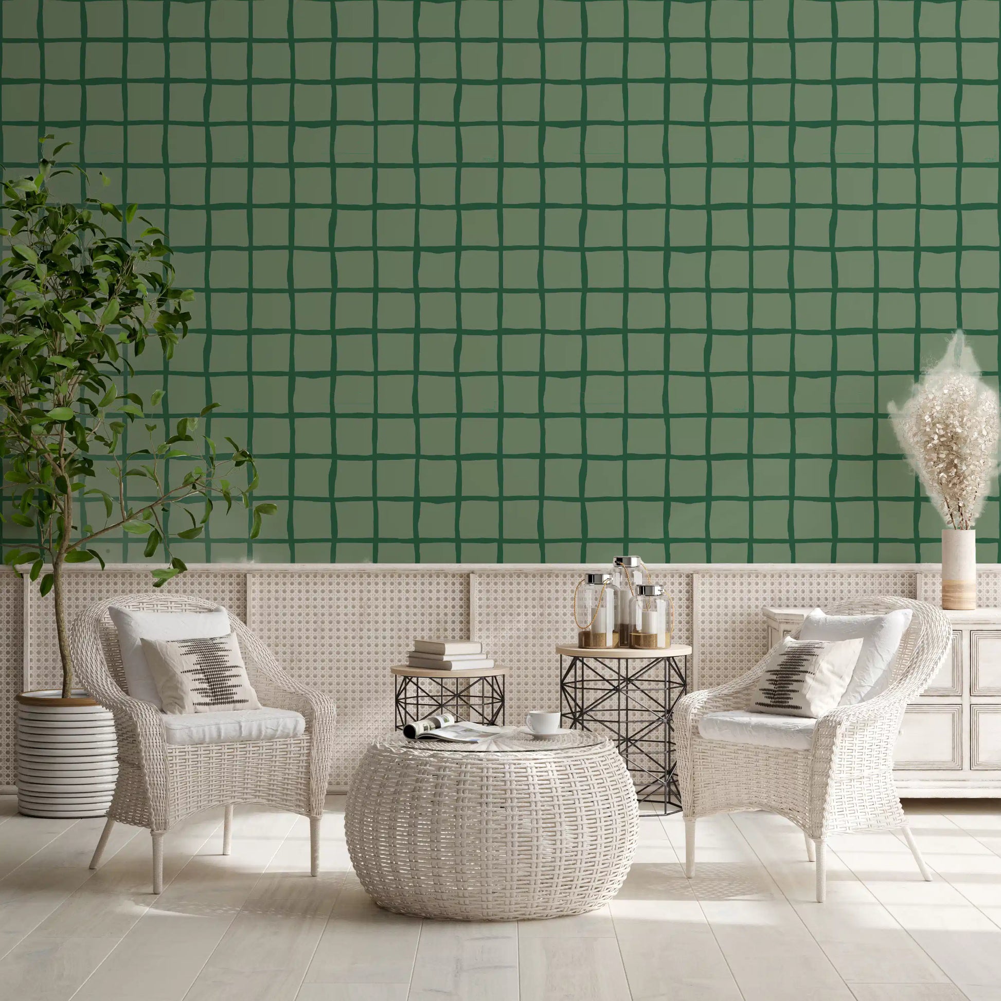 Deeper forest tone outlines the lattice on this Mid Century Grid wallpaper.