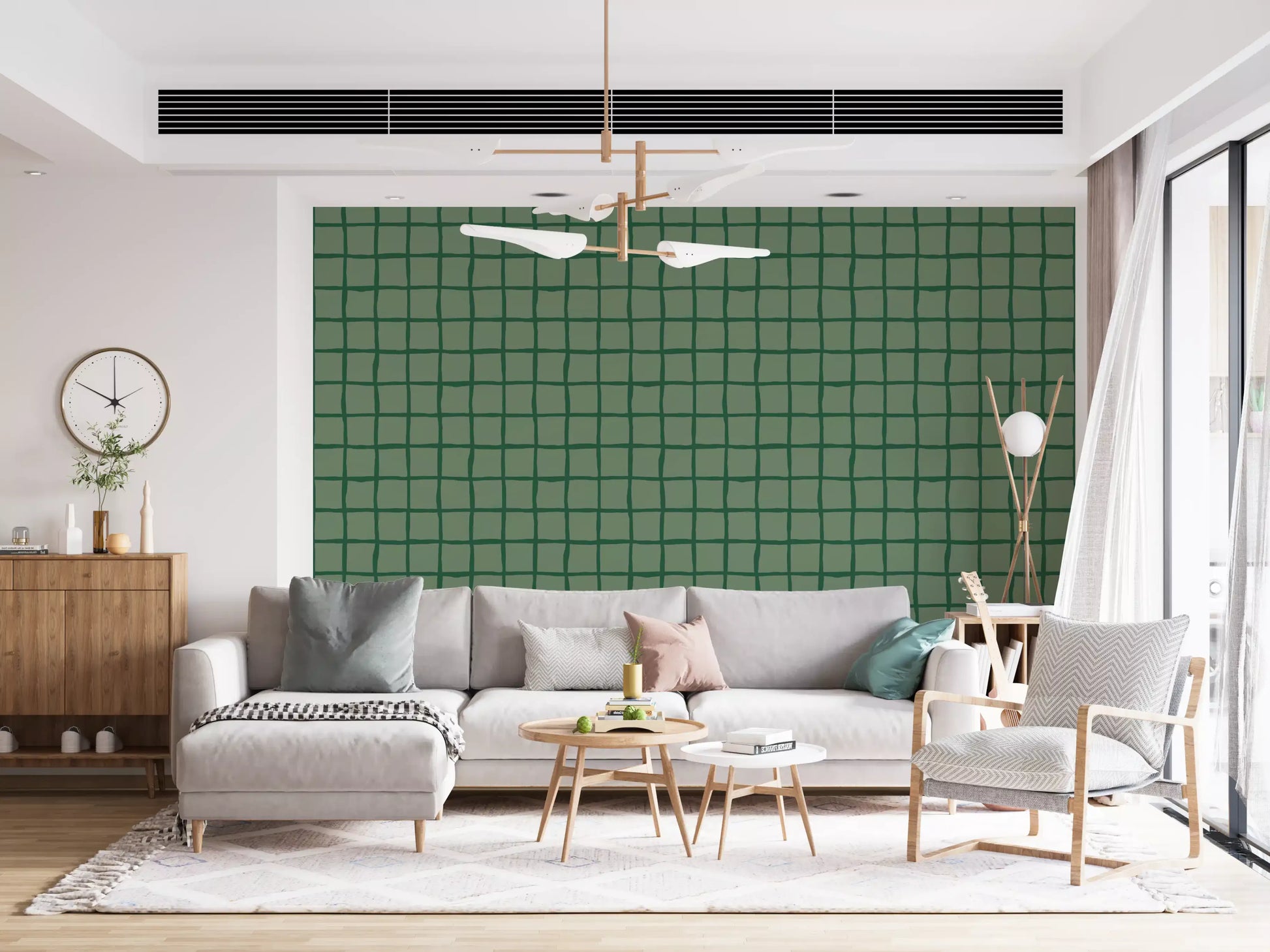 A living room takes the Olive Green Wavy Grid wallpaper as a relaxed backdrop.