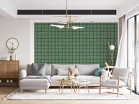 A living room takes the Olive Green Wavy Grid wallpaper as a relaxed backdrop.