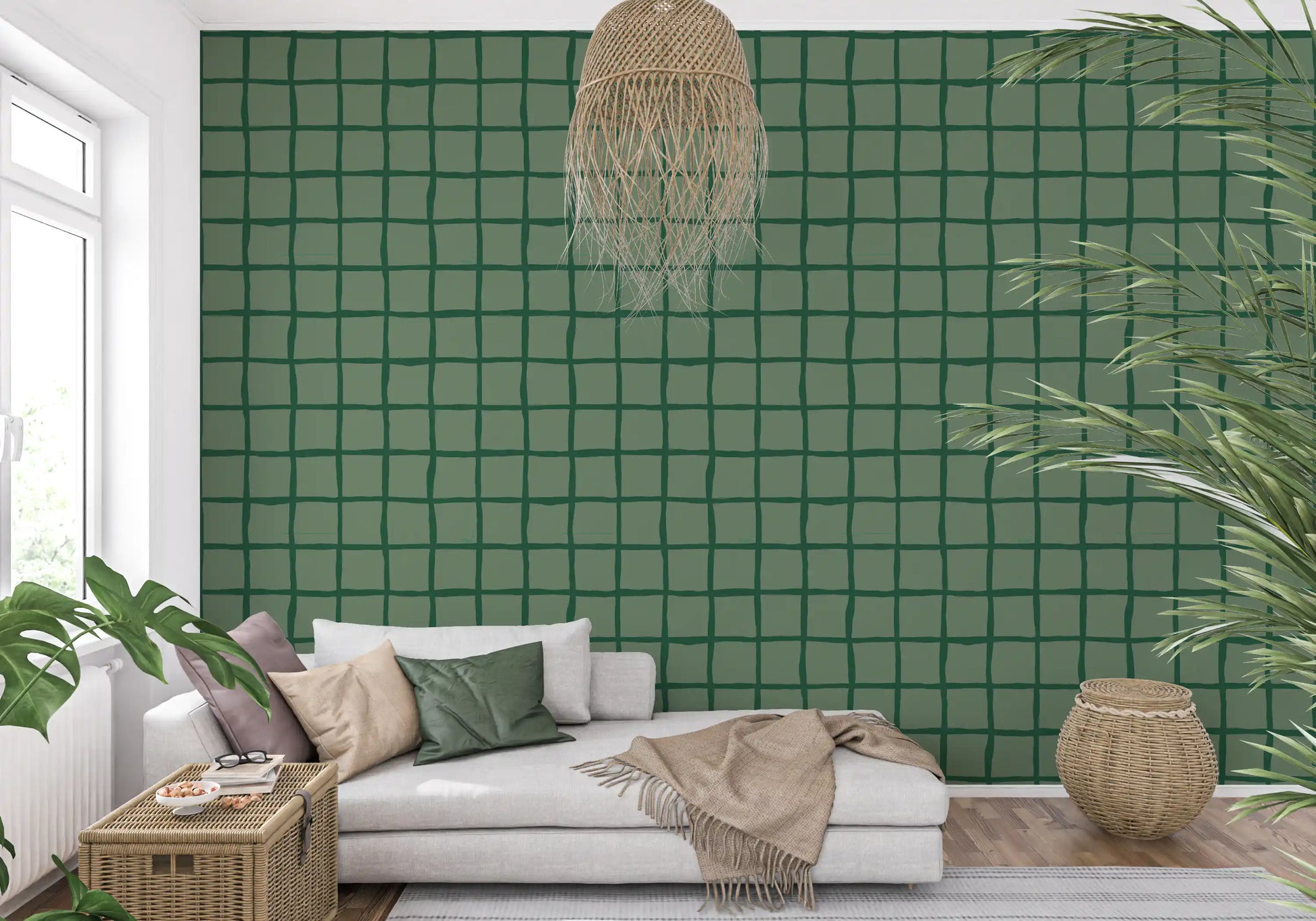 Mid Century Wavy Grid Olive Green wallpaper shows freehand squares in two greens.