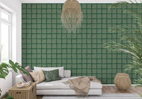 Mid Century Wavy Grid Olive Green wallpaper shows freehand squares in two greens.