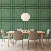 With Mid Century Wavy Grid wallpaper, a dining room reads as a relaxed checked scheme