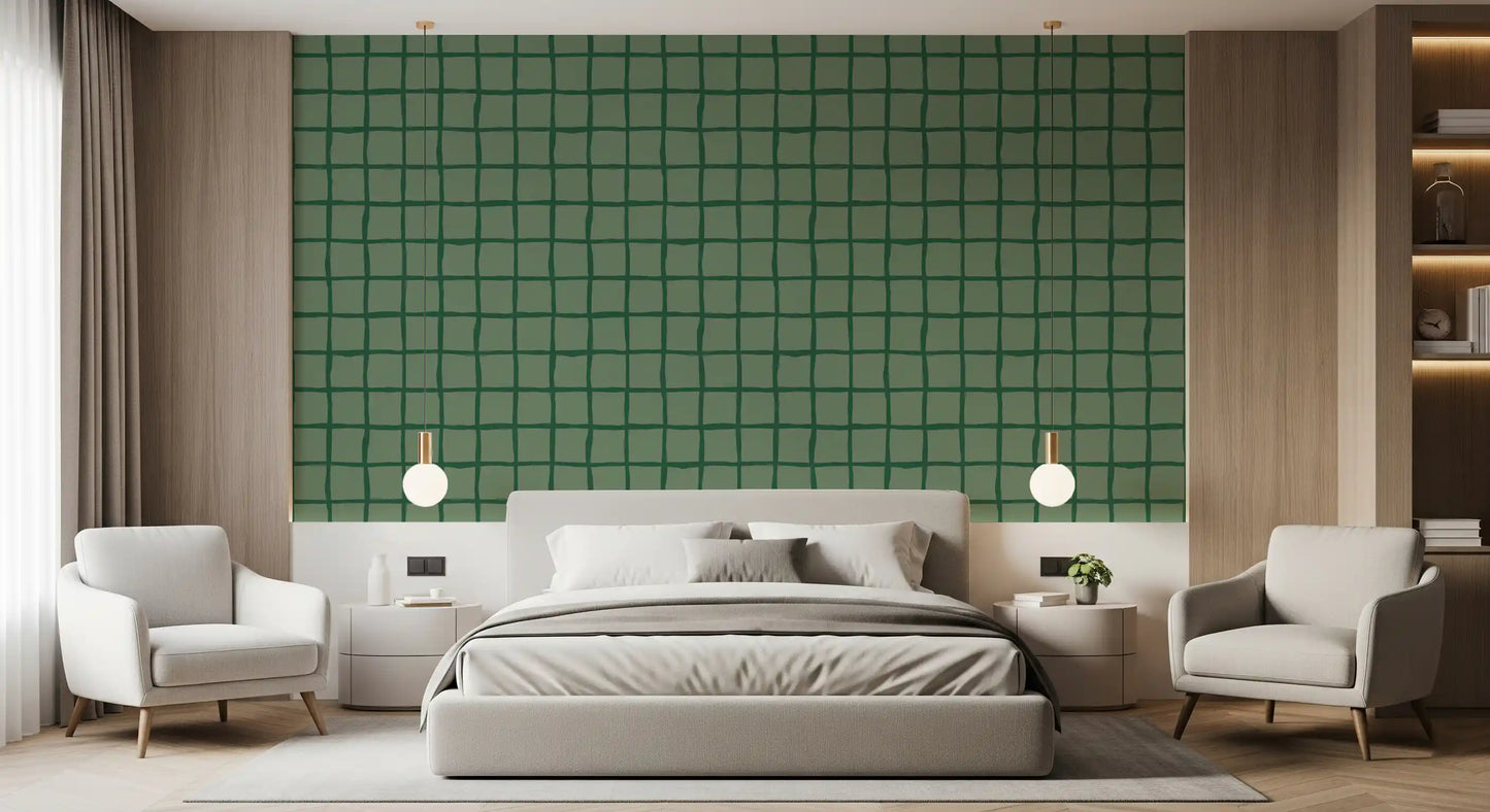 Bedroom gains a checked olive pattern with the Wavy Grid wallpaper.