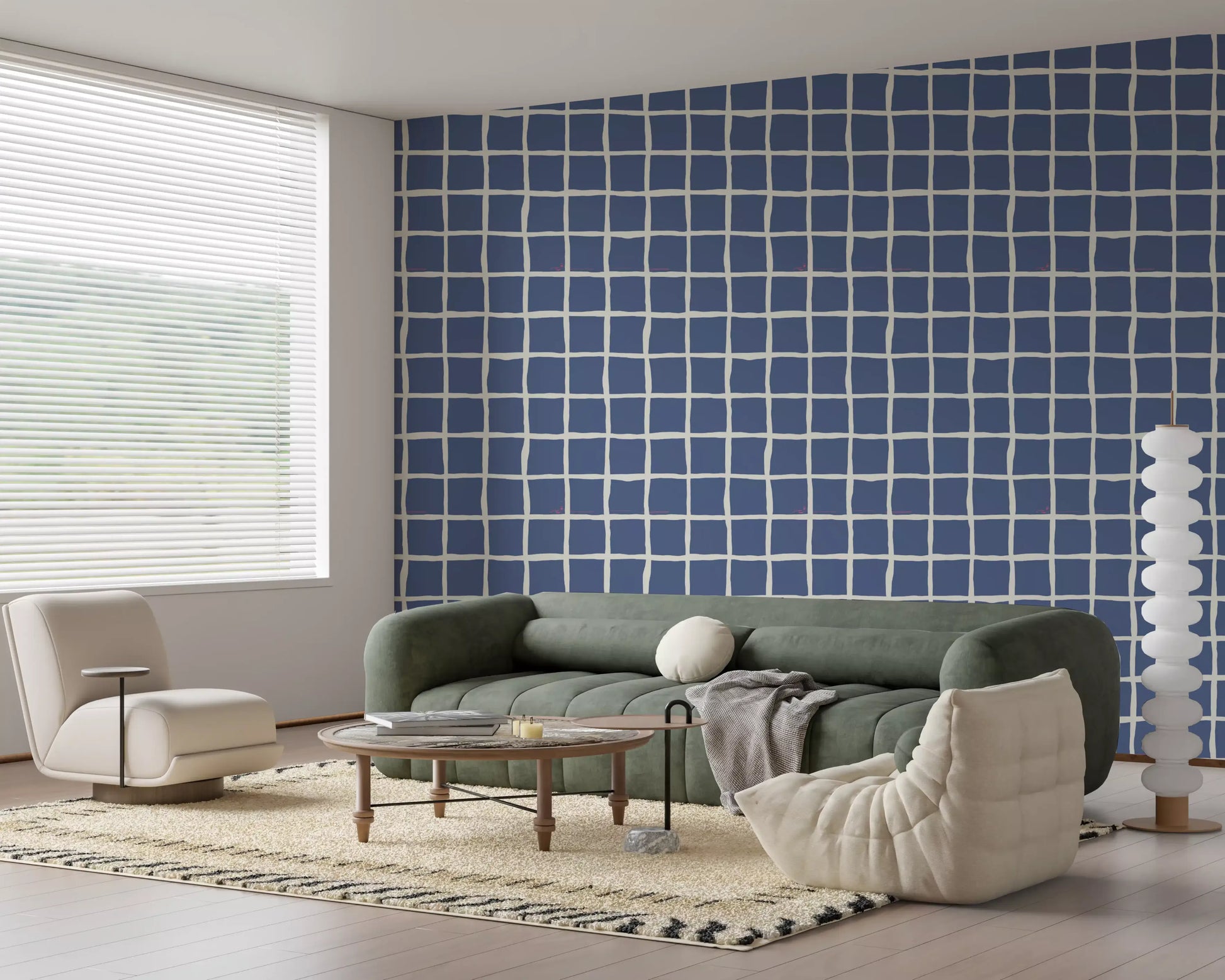 A Living room stays calm with blue squares across this Mid Century pattern wallpaper.