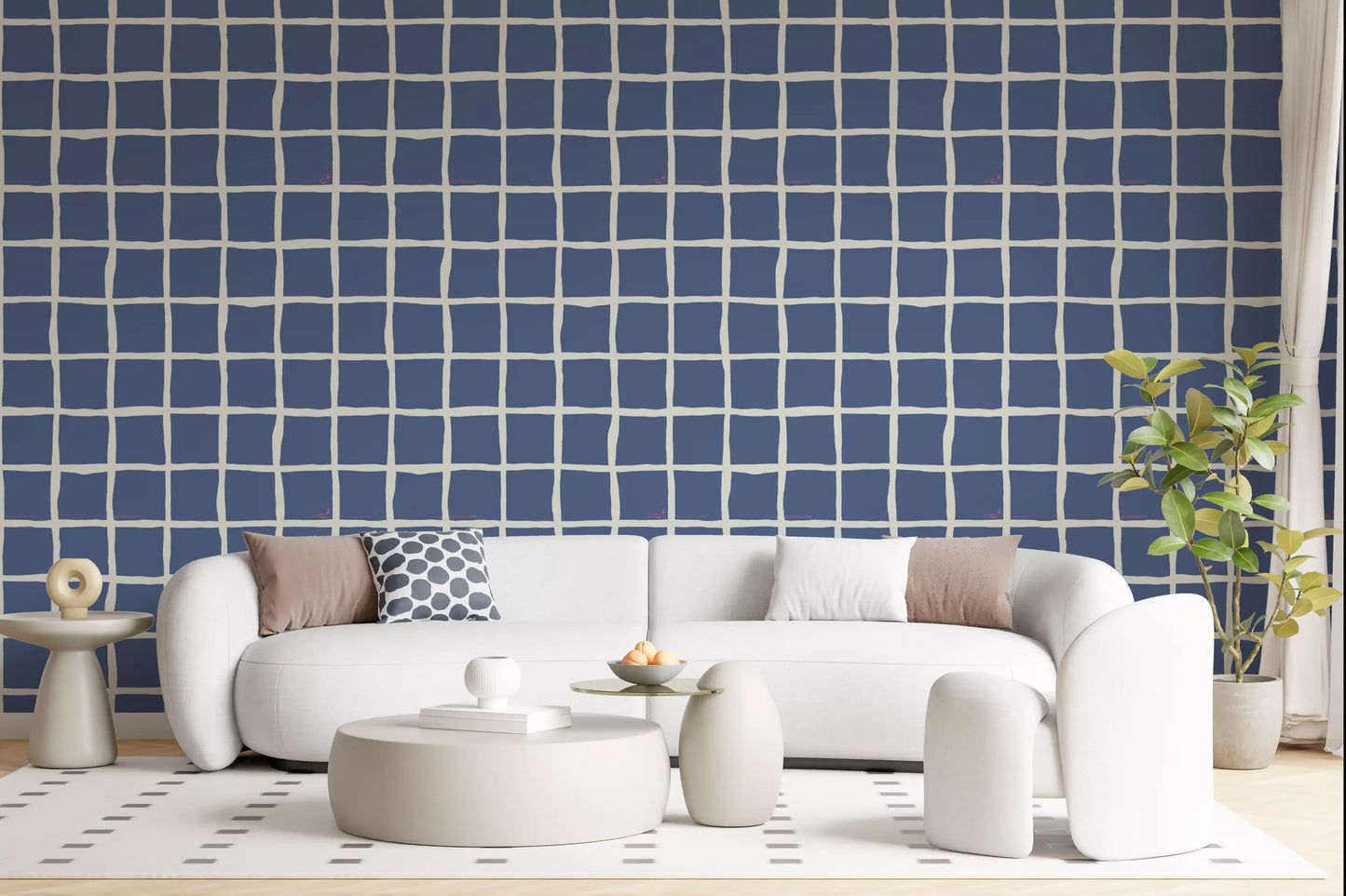 The Mid Century Wavy Grid wallpaper finishes a Living room kept in muted, quiet tones.