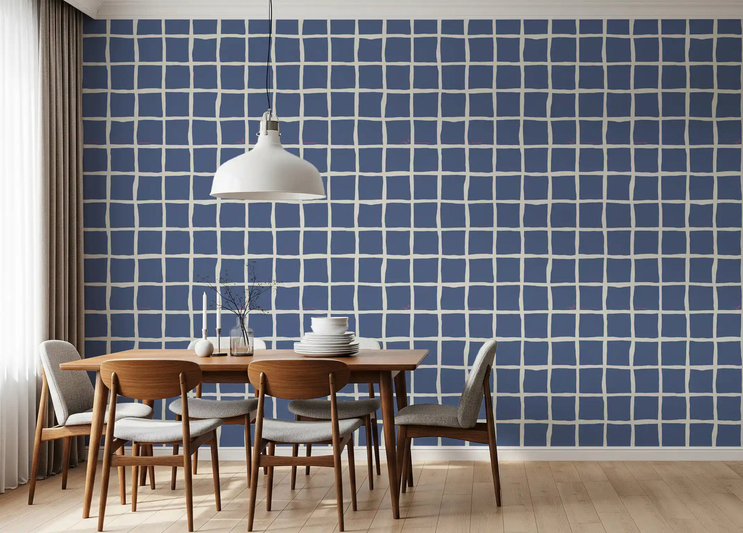 Stamped blocks in dusty blue float between cream lanes of this wavy grid wallpaper