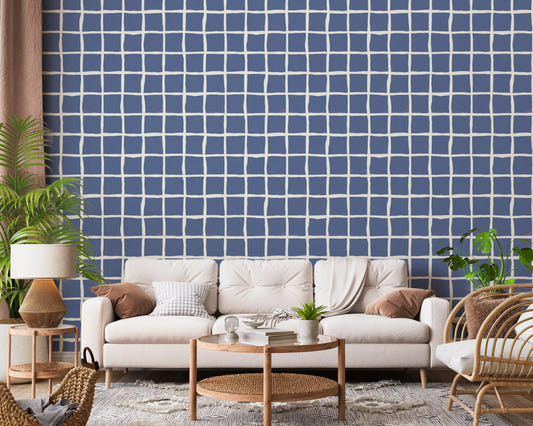 Mid Century Wavy Grid Dusty Blue Wallpaper Wallpaper⁠