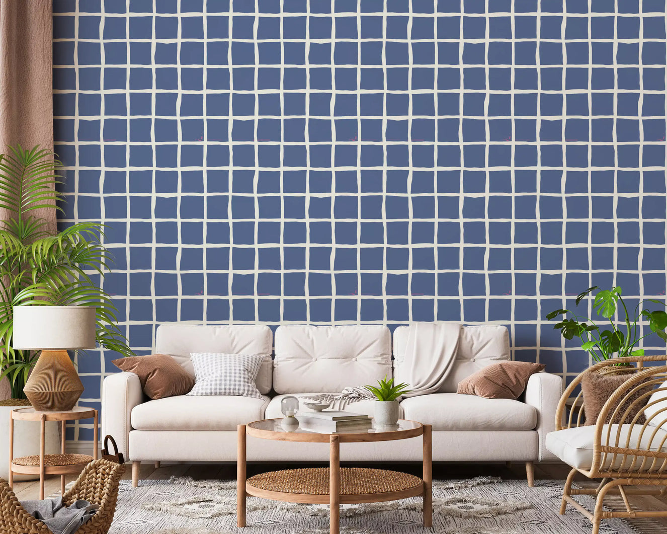 Mid Century Wavy Grid Dusty Blue Wallpaper Wallpaper⁠