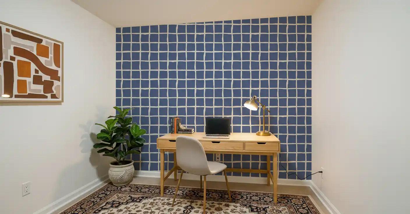 Wavy grid lines in dusty blue fill a Study room with a casual mood, all in one wallpaper.
