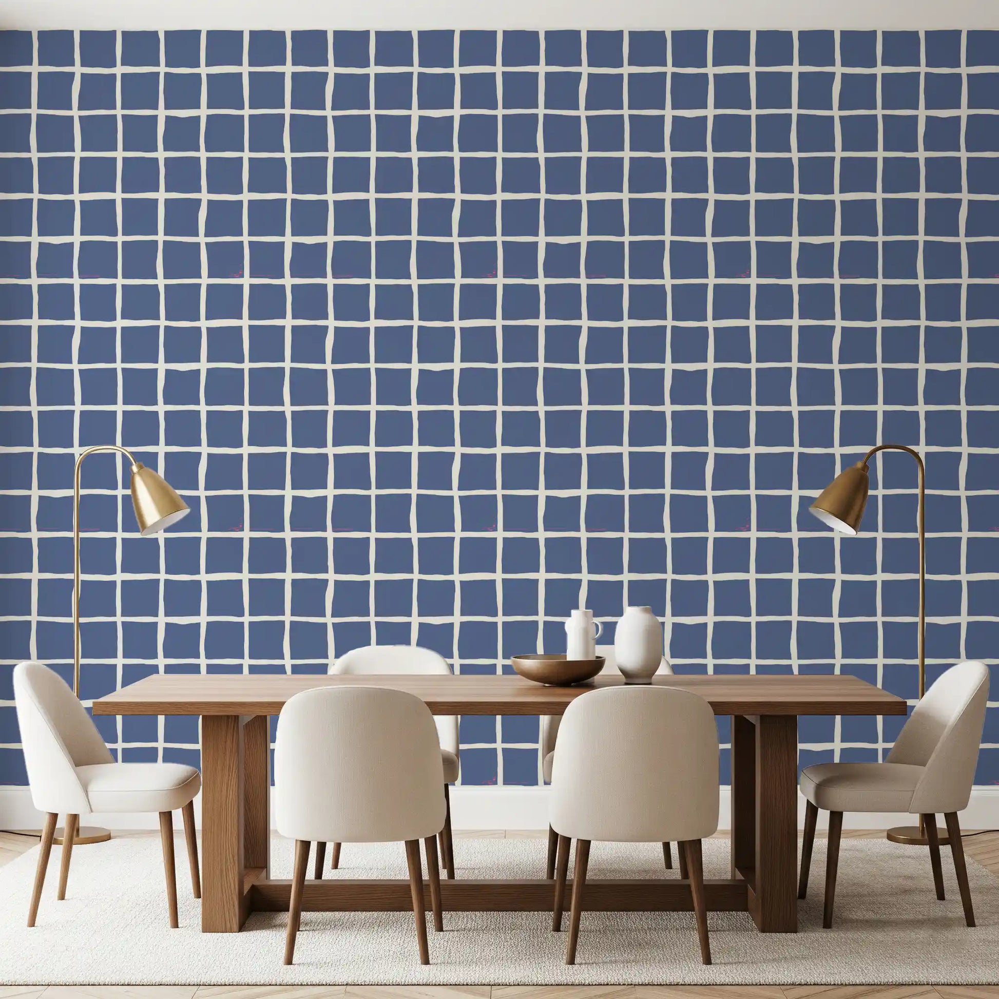 Cream channels guide muted denim tones into the Wavy Grid wallpaper.