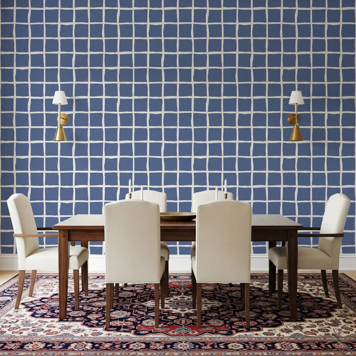 Wobbly squares in dusty blue and cream lines fill the Mid Century Wavy Grid wallpaper.
