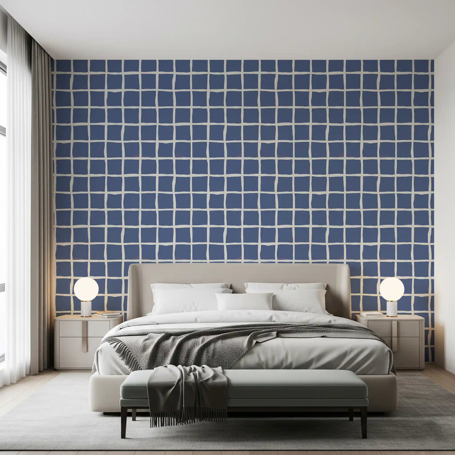 Patterned with dusty blue checks and cream gaps, a Bedroom gains this wallpaper.