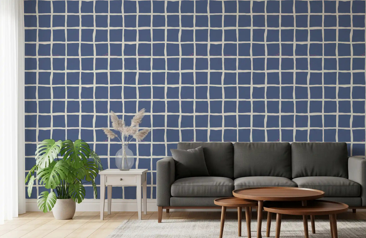 Between blue squares and cream gaps, a Living room rests with the Wavy Grid wallpaper