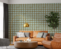 Quiet Living room retreat featuring the Mid Century Wavy Grid Sage wallpaper.