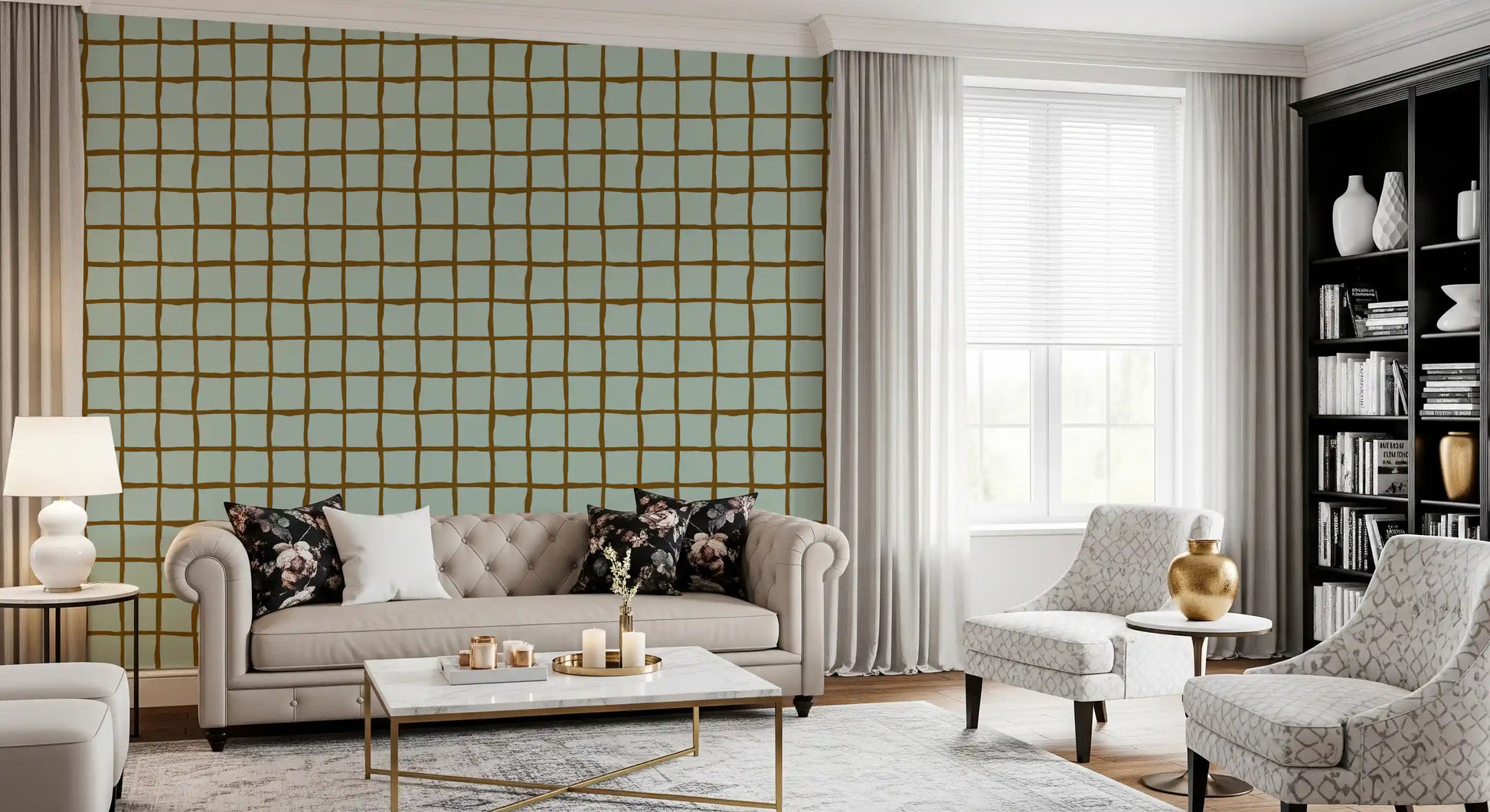 Living room takes on retro mood with Wavy Grid Soft Sage wallpaper.