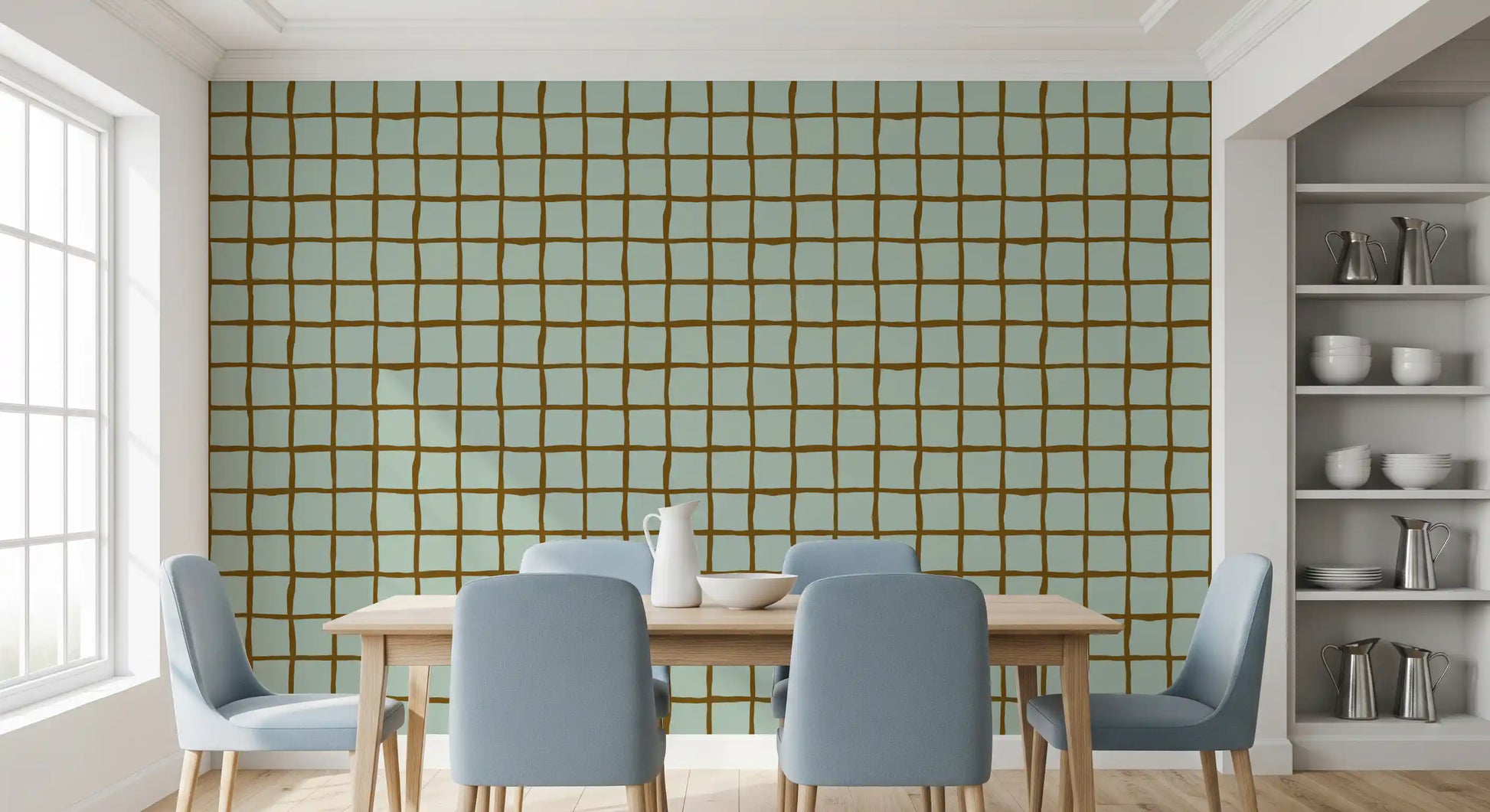 Powdery sage green sits between walnut squares across this Sage wallpaper