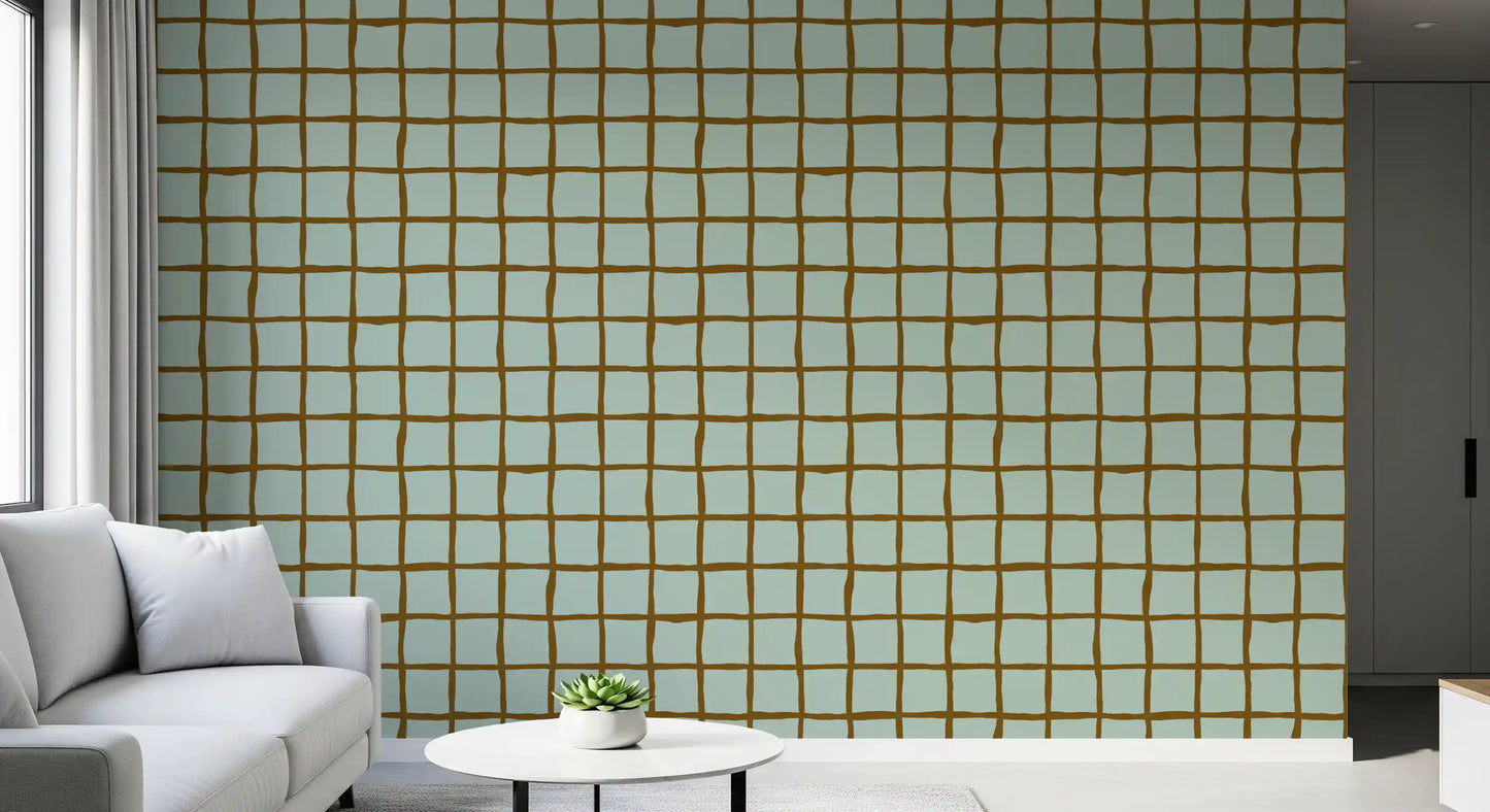 A hallway gains relaxed rhythm under Mid Century Wavy Grid Sage wallpaper coverage.