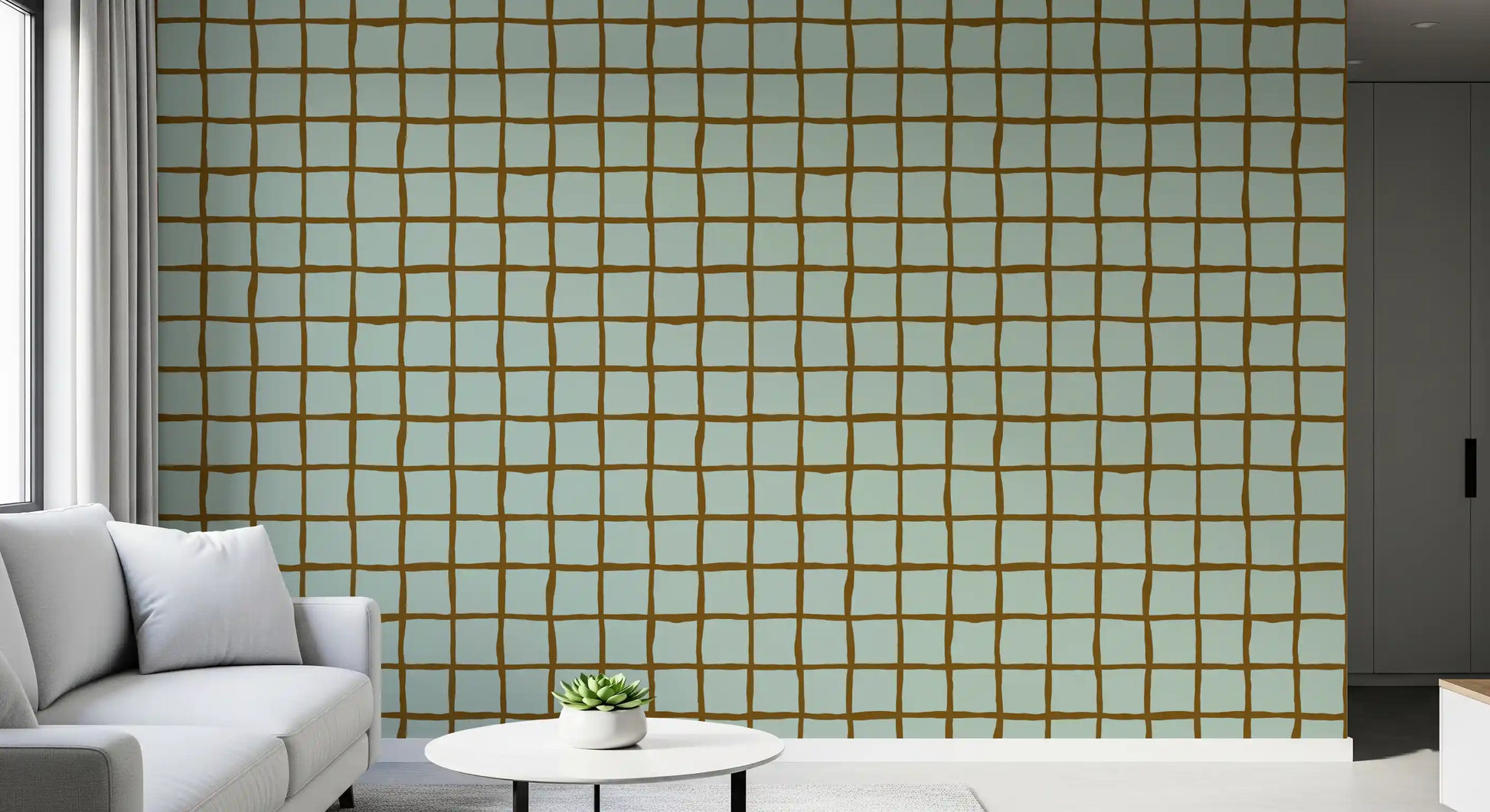 A hallway gains relaxed rhythm under Mid Century Wavy Grid Sage wallpaper coverage.