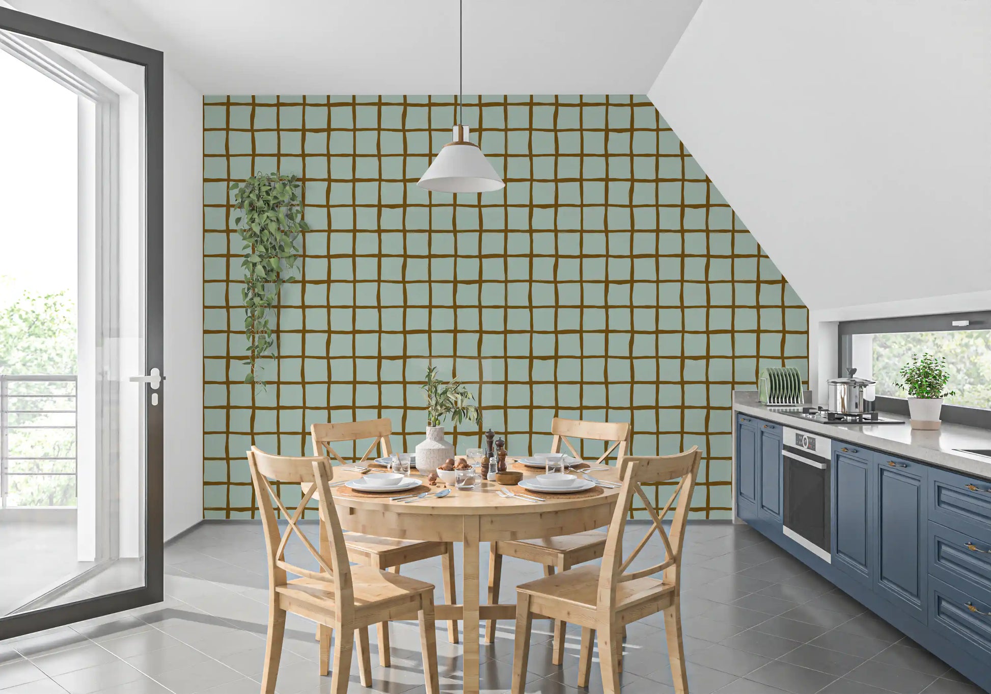 Walnut grid lines spread across a Dining and kitchen area dressed in Sage wallpaper tones.