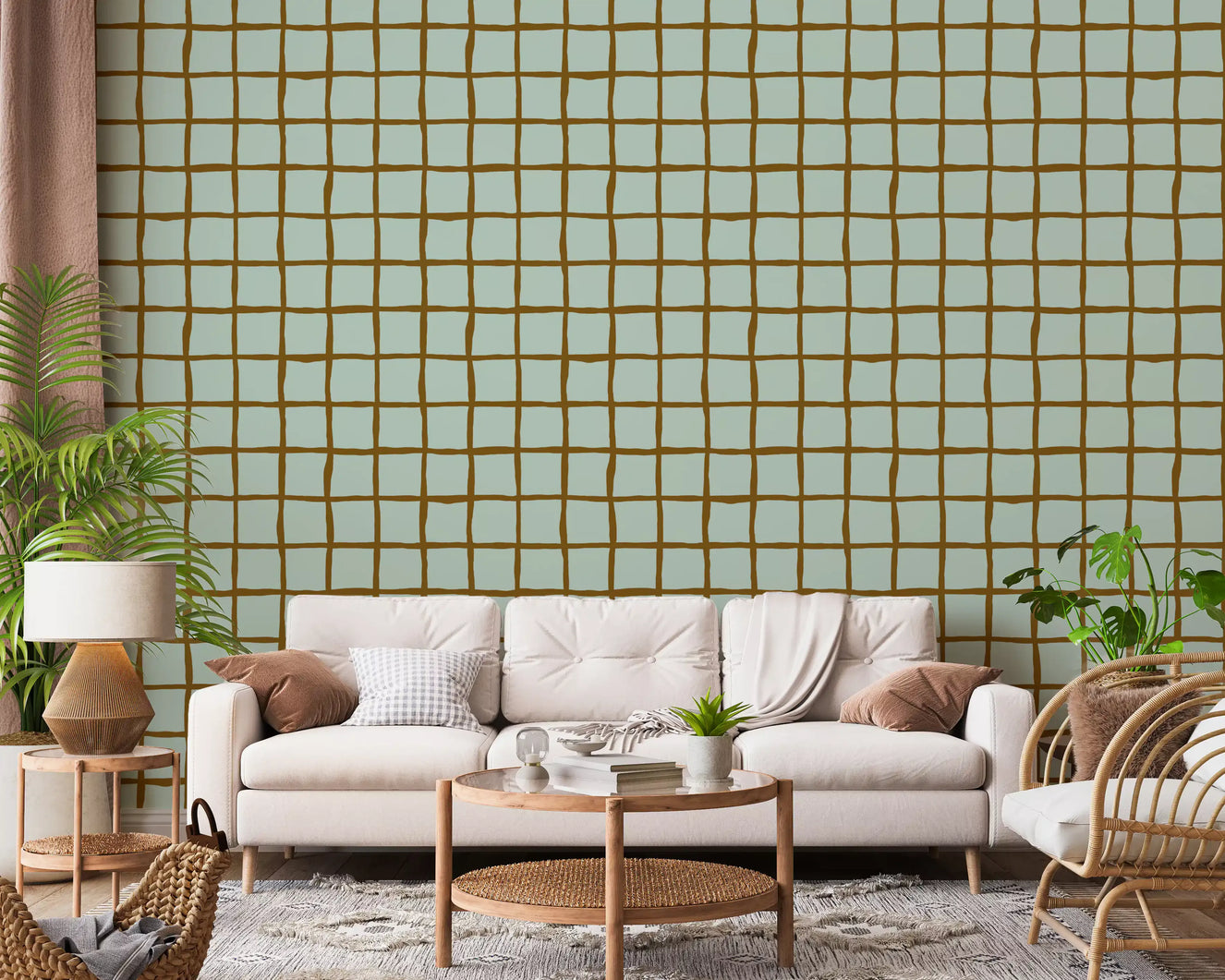 Mid Century Wavy Grid Soft Sage Wallpaper Wallpaper⁠