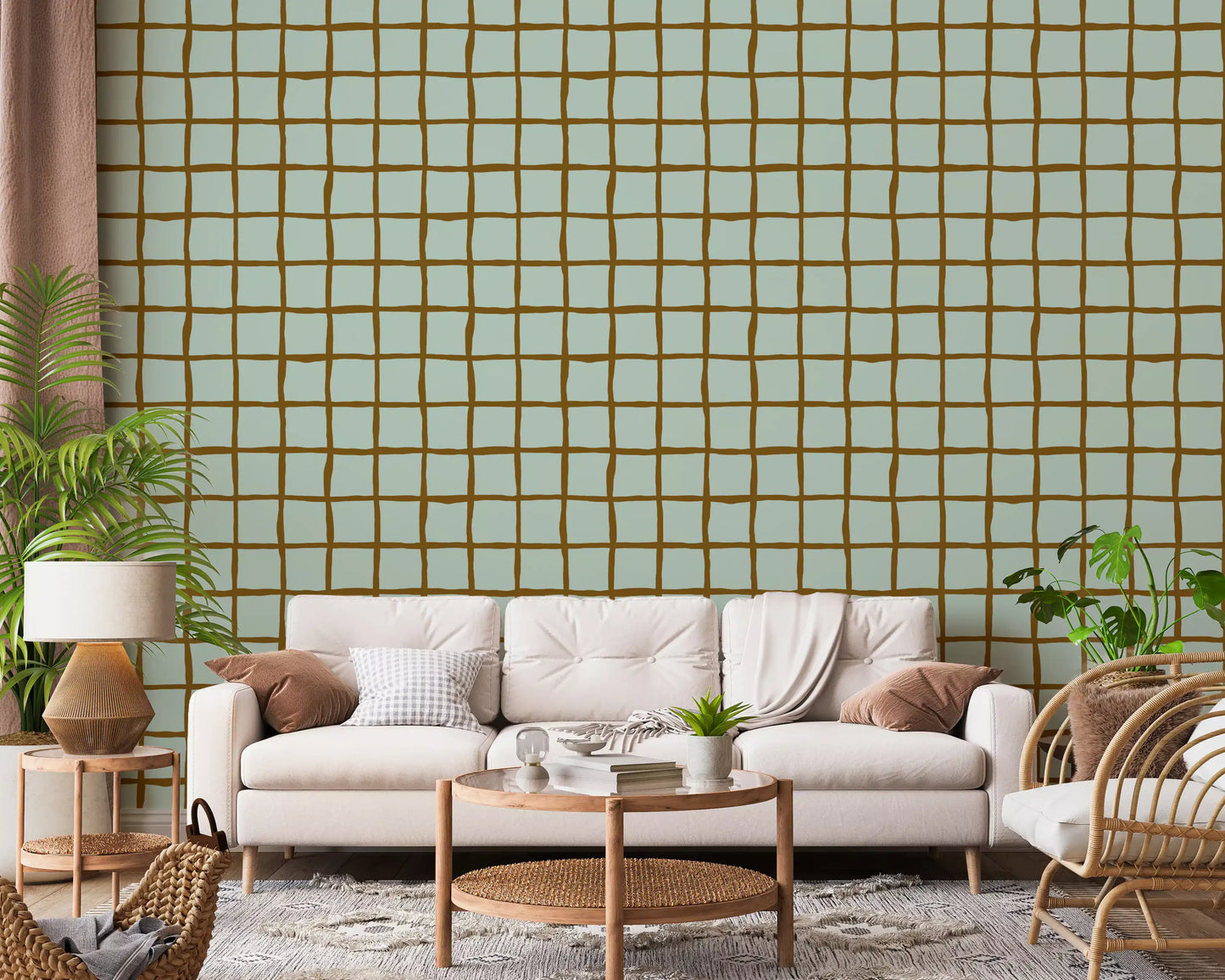 Mid Century Wavy Grid Soft Sage wallpaper warms a relaxed living room.