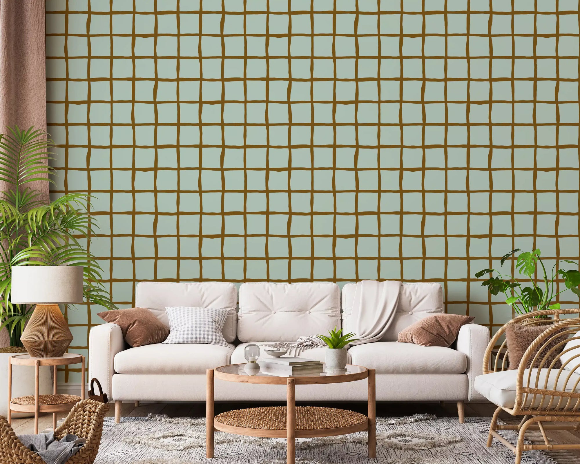 Mid Century Wavy Grid Soft Sage wallpaper warms a relaxed living room.