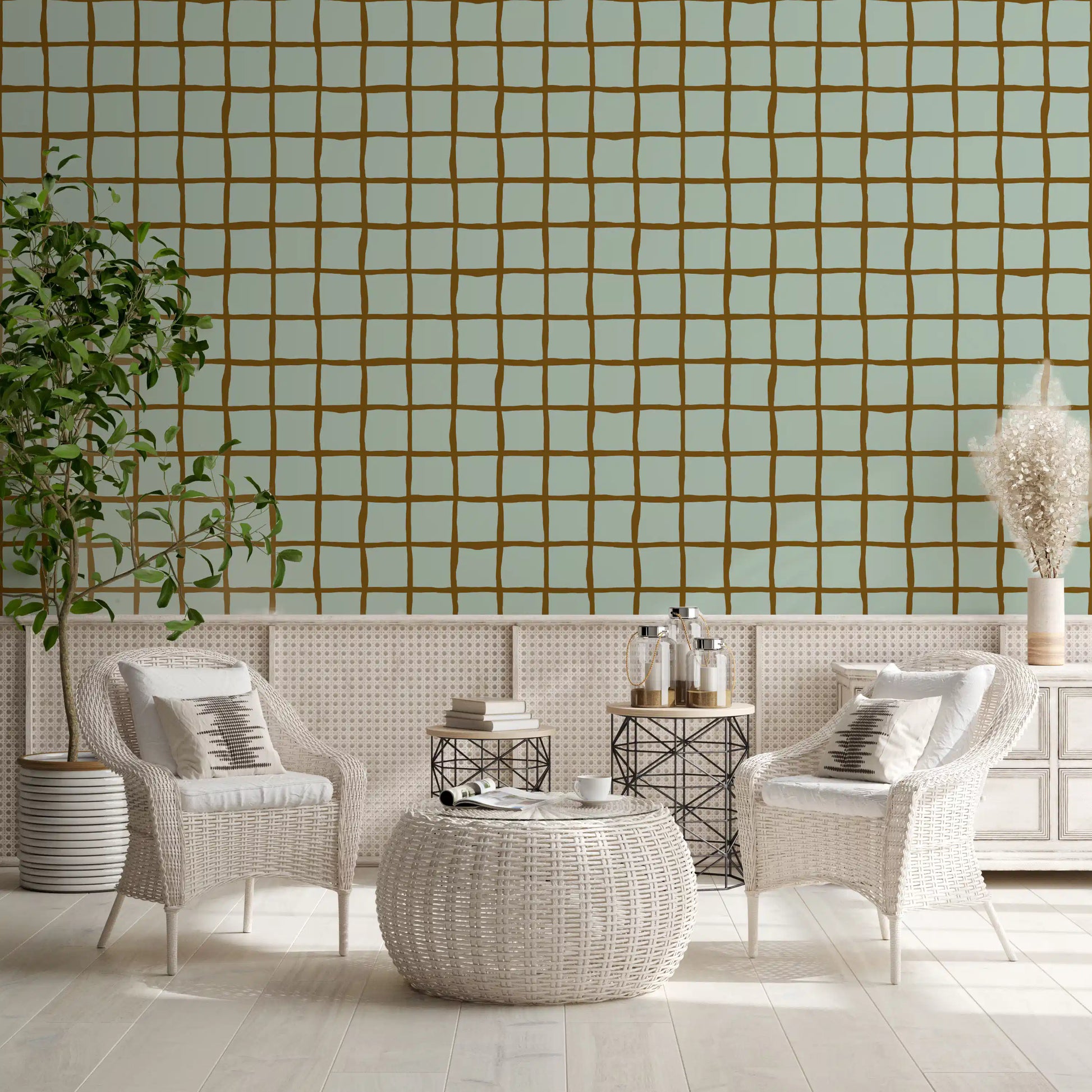 Playful retro feel fills a Dining area with the Wavy Grid Sage wallpaper.