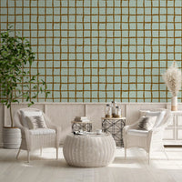 Playful retro feel fills a Dining area with the Wavy Grid Sage wallpaper.