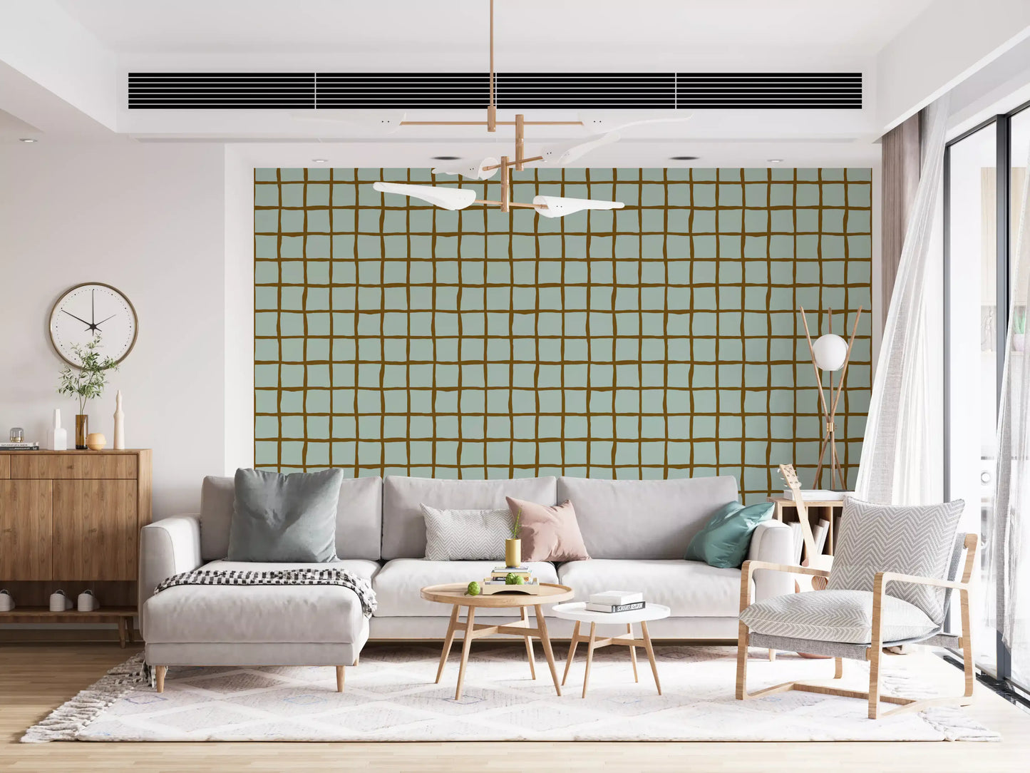 Mid Century Wavy Grid Soft Sage wallpaper shows freehand tiles in walnut tones.