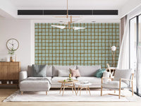 Mid Century Wavy Grid Soft Sage wallpaper shows freehand tiles in walnut tones.