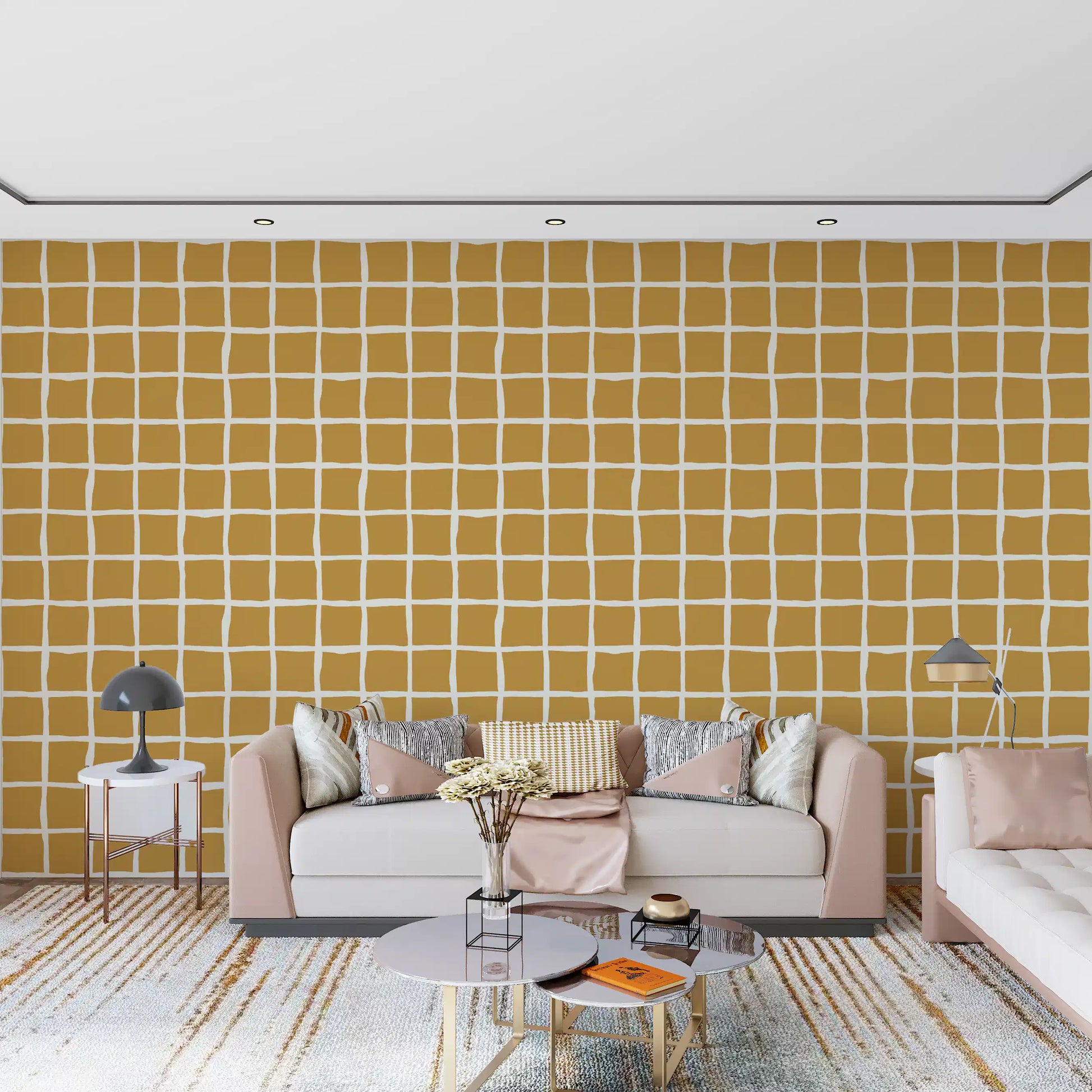 Bowing edges in the Mid Century Wavy Grid Mustard wallpaper sit around painted squares.