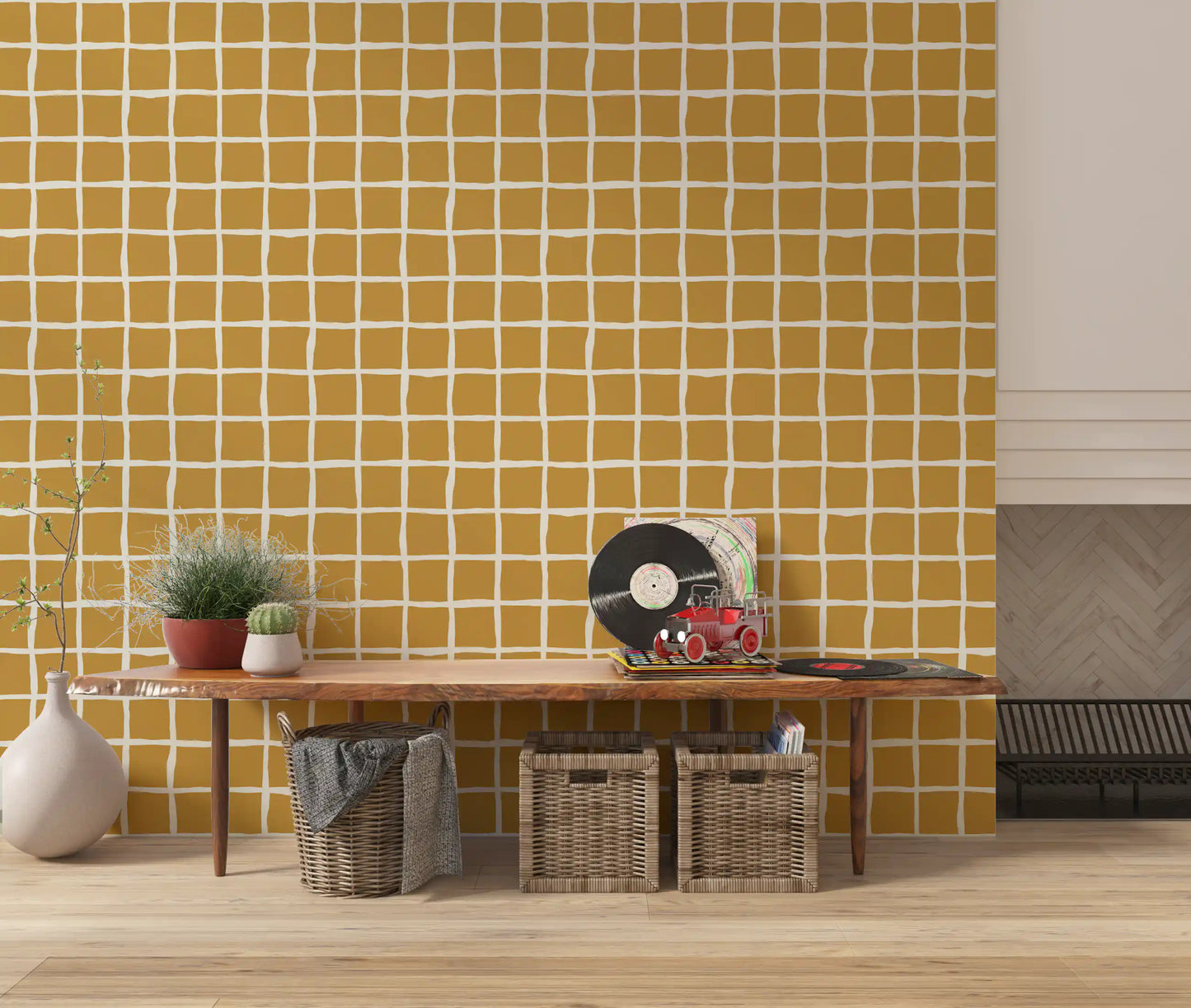 Lounge calm grows beside the Mid Century Wavy Grid Mustard wallpaper's loose check.