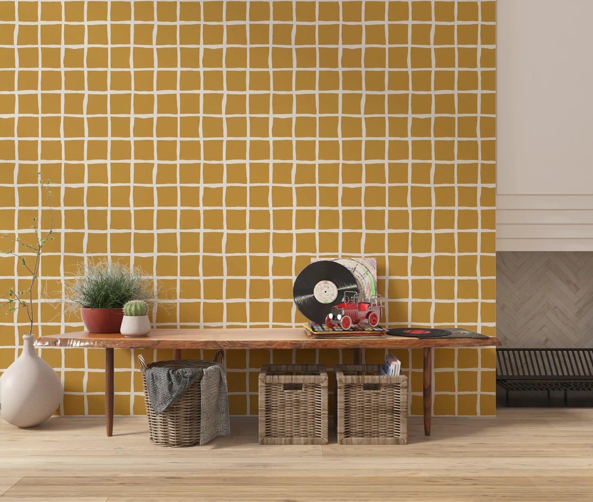 Lounge calm grows beside the Mid Century Wavy Grid Mustard wallpaper's loose check.