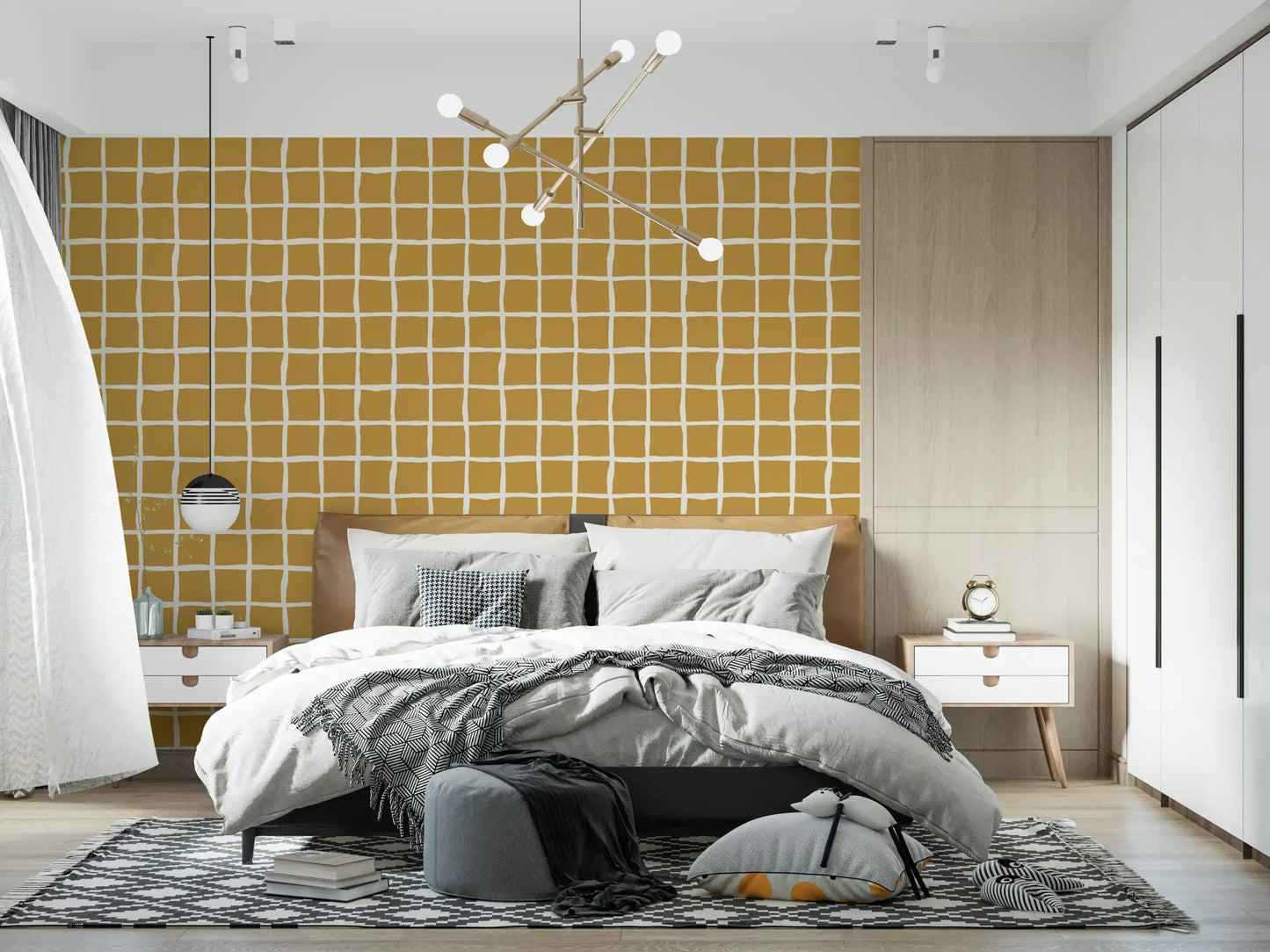 Playful checks wrap a Bedroom in the Wavy Grid Mustard wallpaper.