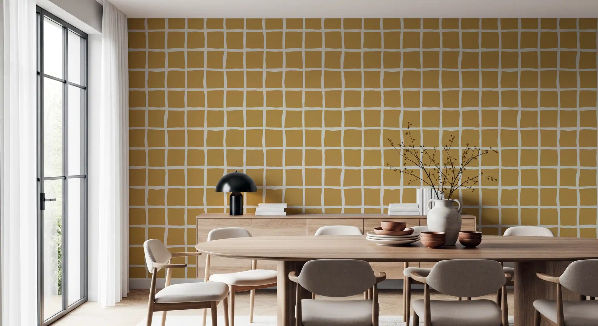 Mustard tiles vary slightly in shape across the Mid Century Wavy Grid wallpaper.